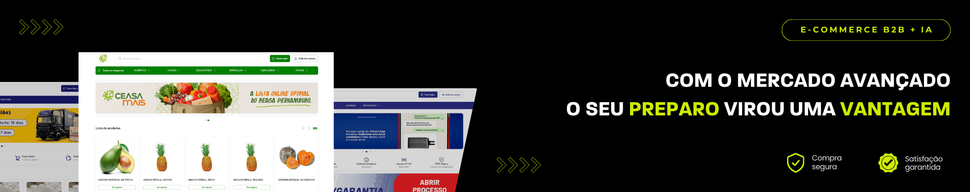 Banner horizontal com fundo escuro, ícones de segurança e satisfação, e imagens de lojas B2B exibidas à esquerda. Elementos gráficos em verde destacam o tema de e-commerce B2B com IA.