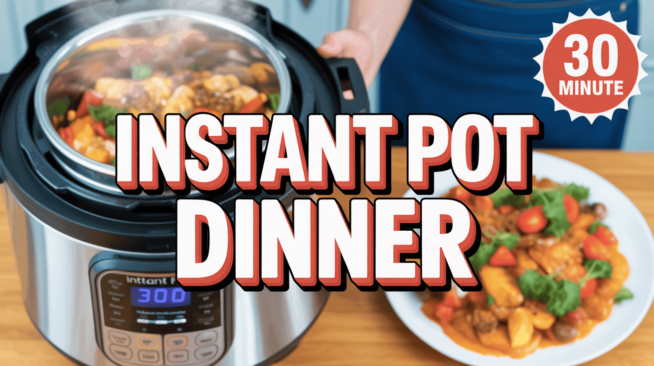 Instant Pot Weeknight Thumbnail Template featuring instant pot releasing steam with plated dinner beside and 30 minute badge