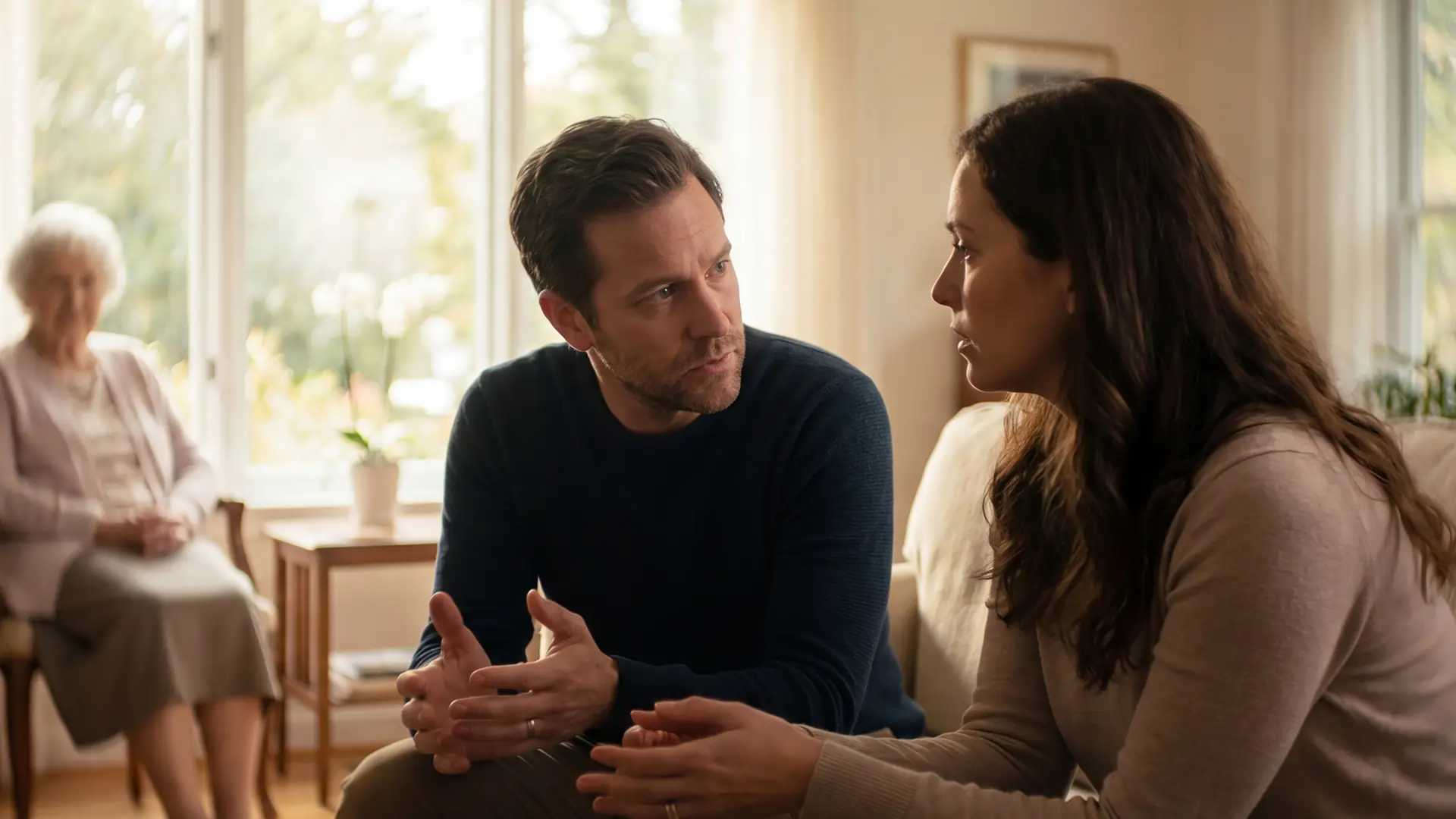 Family members discussing care decisions for a loved one living with Alzheimer's