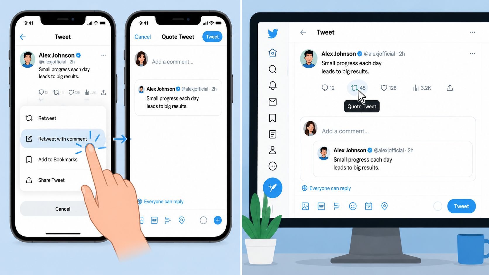 A tutorial showing how to use the Quote Tweet feature on Twitter via mobile and desktop devices.