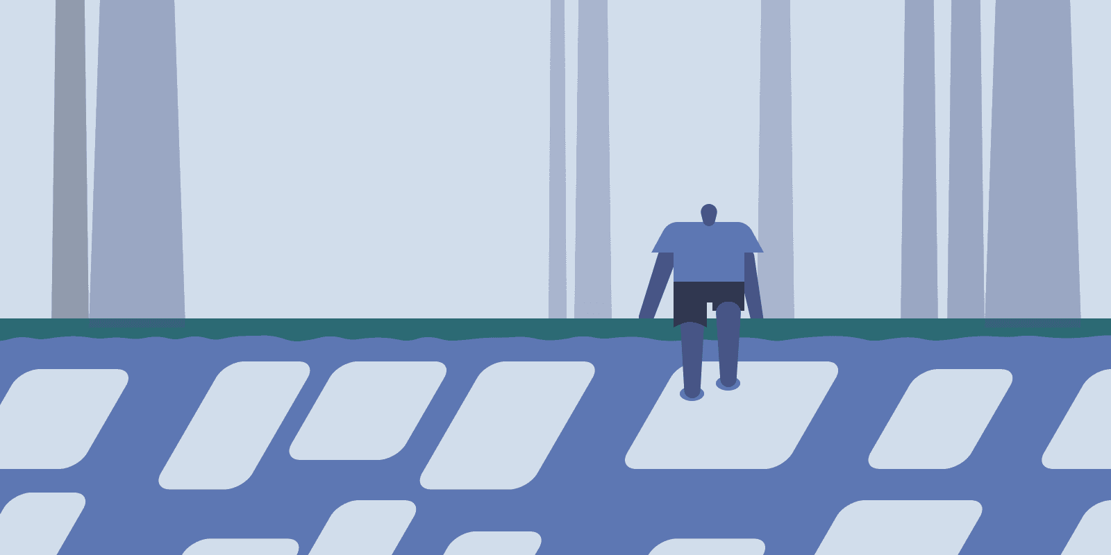 Minimalistische Vektorgrafik eines stilisierten Wanderers, der über eine endlose, blau gemusterte Fläche schaut, was die psychologische Weite und den ununterbrochenen Fluss beim explorativen Browsen via Infinite Scroll symbolisiert
