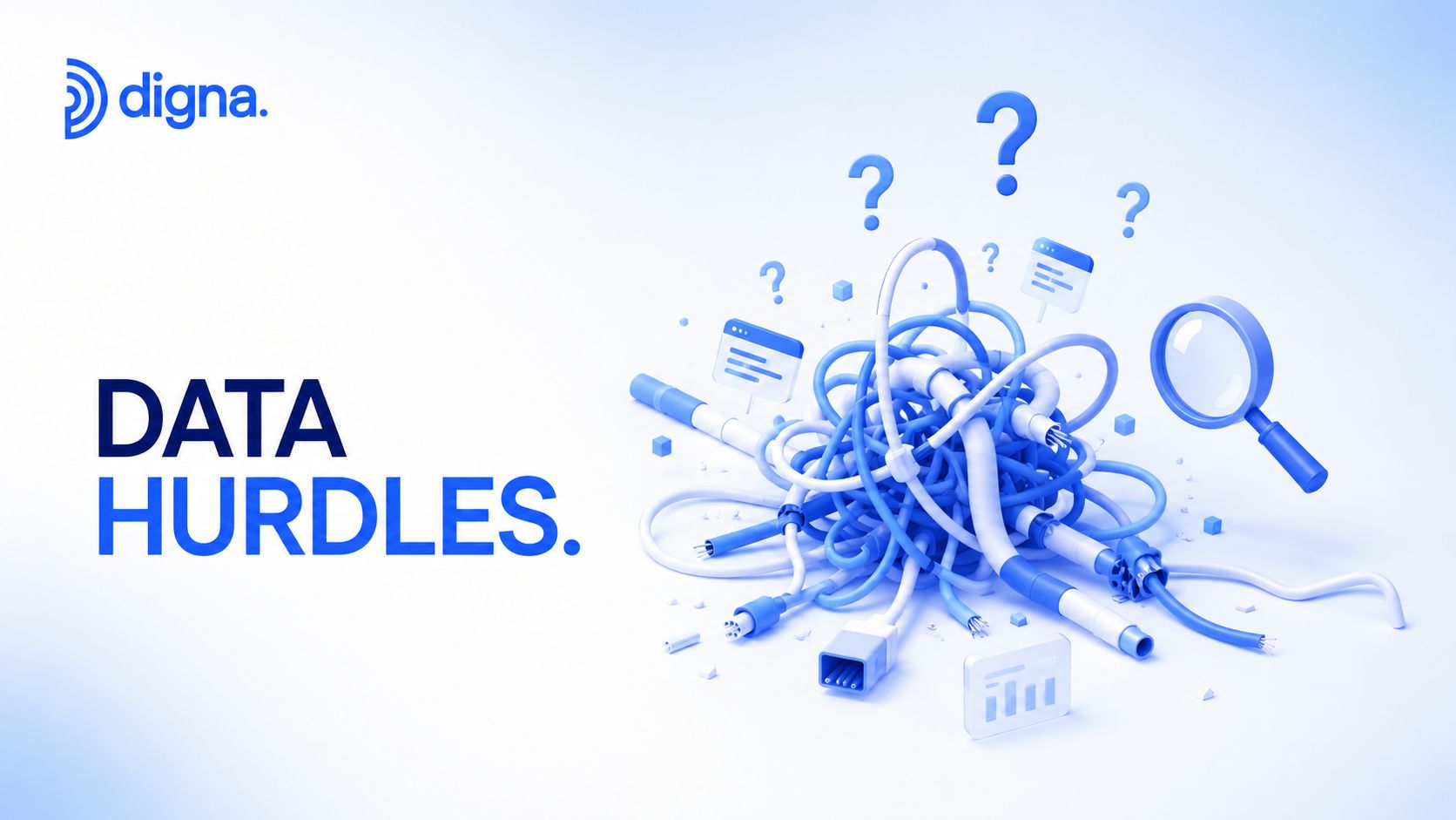 A 3D illustration depicting a tangled mess of cables and data icons, representing complex data hurdles.