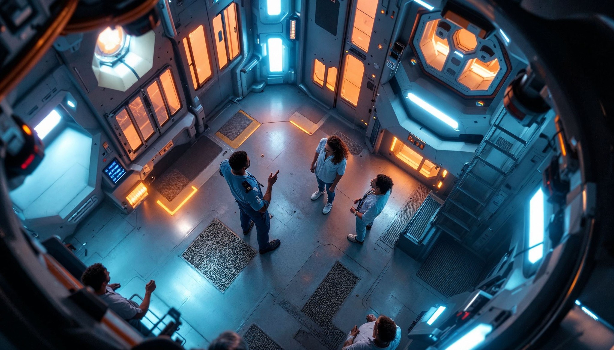 Aerial view of four people in a sci-fi, futuristic room with glowing blue and orange lights. They stand on a metallic floor with grated sections and engage in discussion, surrounded by high-tech panels and equipment.