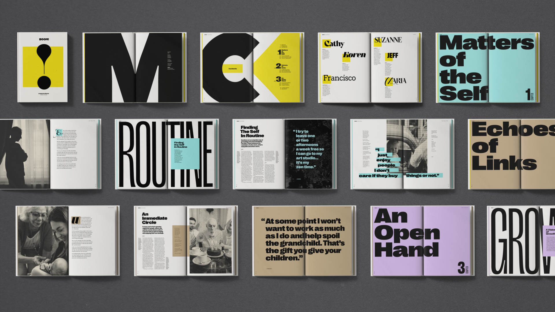 The image displays a grid of book pages with text and design elements. The top row features books with bold typography, including “M” with a yellow circle, “C” with a yellow triangle, and “Matters of the Self” with a light blue cover. The middle row contains books with “ROUTINE” titles, “Finding the Self in Routine,” and “Echoes of Links.” The bottom row includes “An Inanimate Circle,” “An Open Hand,” and “GROUP.” Each page contains text, images, and design elements such as text boxes, lines, and color blocks.