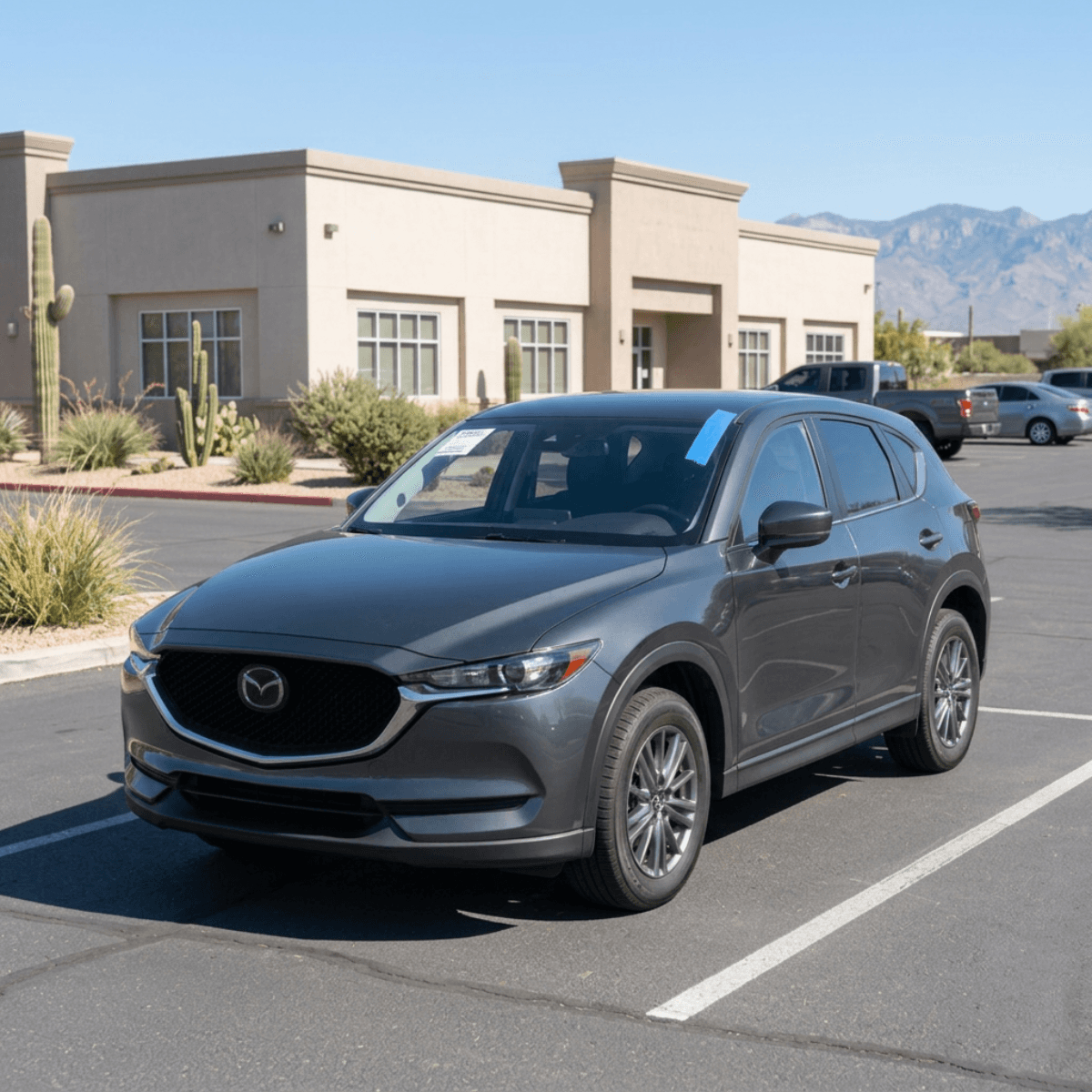 Gray Mazda CX-5 with a clear new windshield parked at a Safford, AZ apartment complex