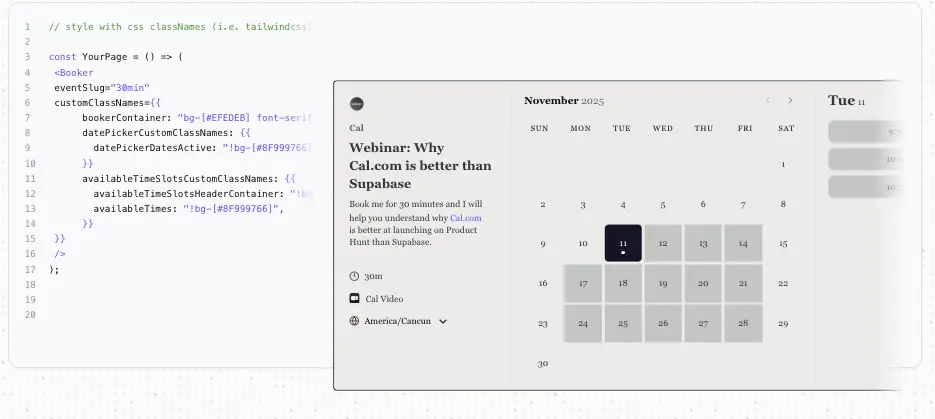 Open source calendar showing a scheduling interface and highlighted event date with Tailwind CSS styling code snippet.