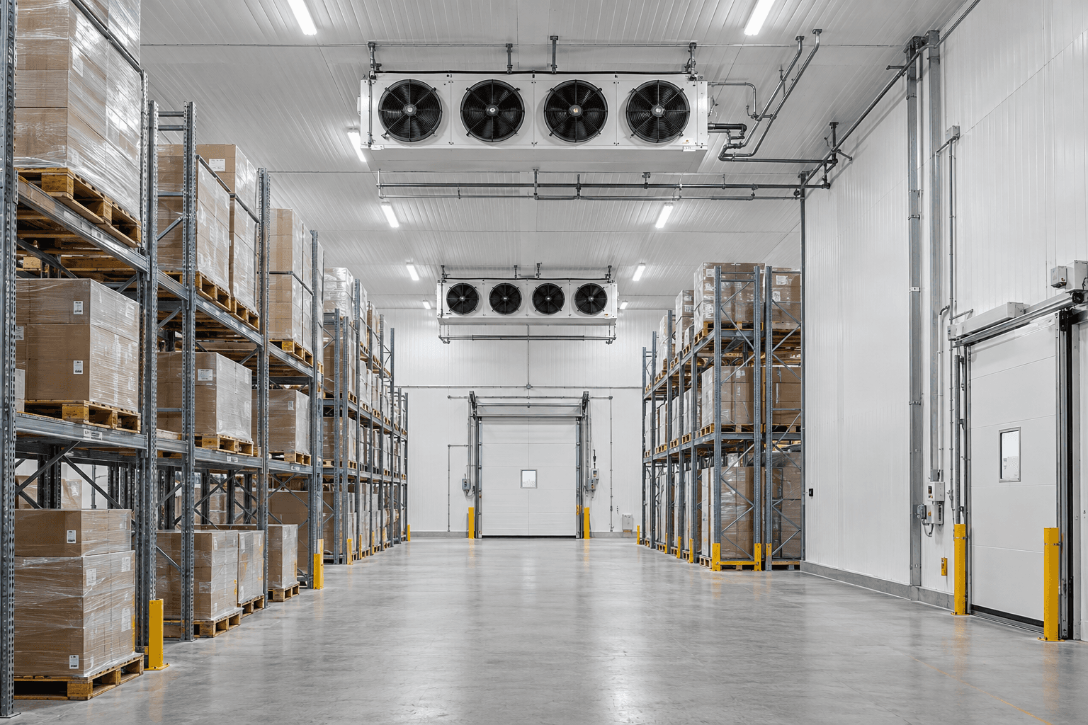 Cold-storage warehouse with pallet racks and temperature-control equipment