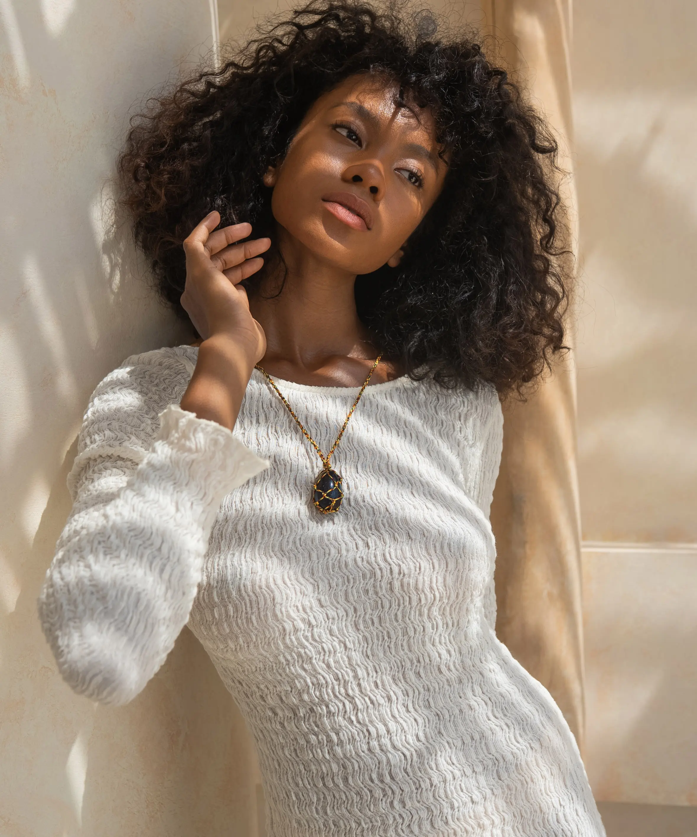 necklace worn by model in natural lighting