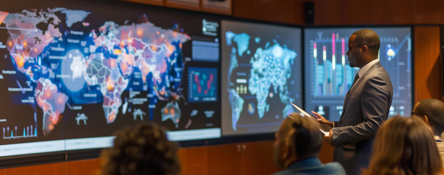 A man leads a lecture, facing a screen displaying insights from a global AI governance platform.