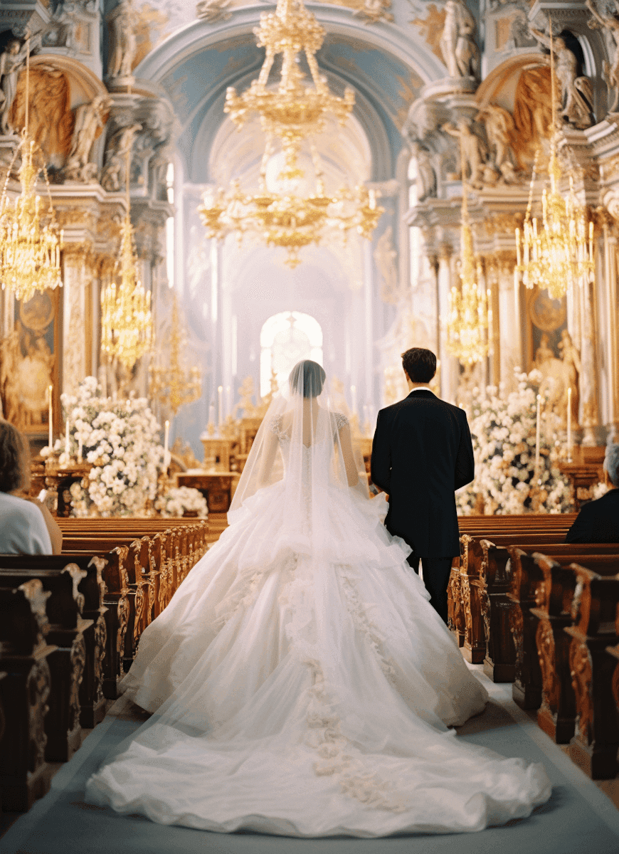 A bride and groom stand at the ornate altar of a grand church, adorned with intricate gold chandeliers, classical frescoes, and abundant white floral arrangements, creating an opulent and romantic wedding setting.