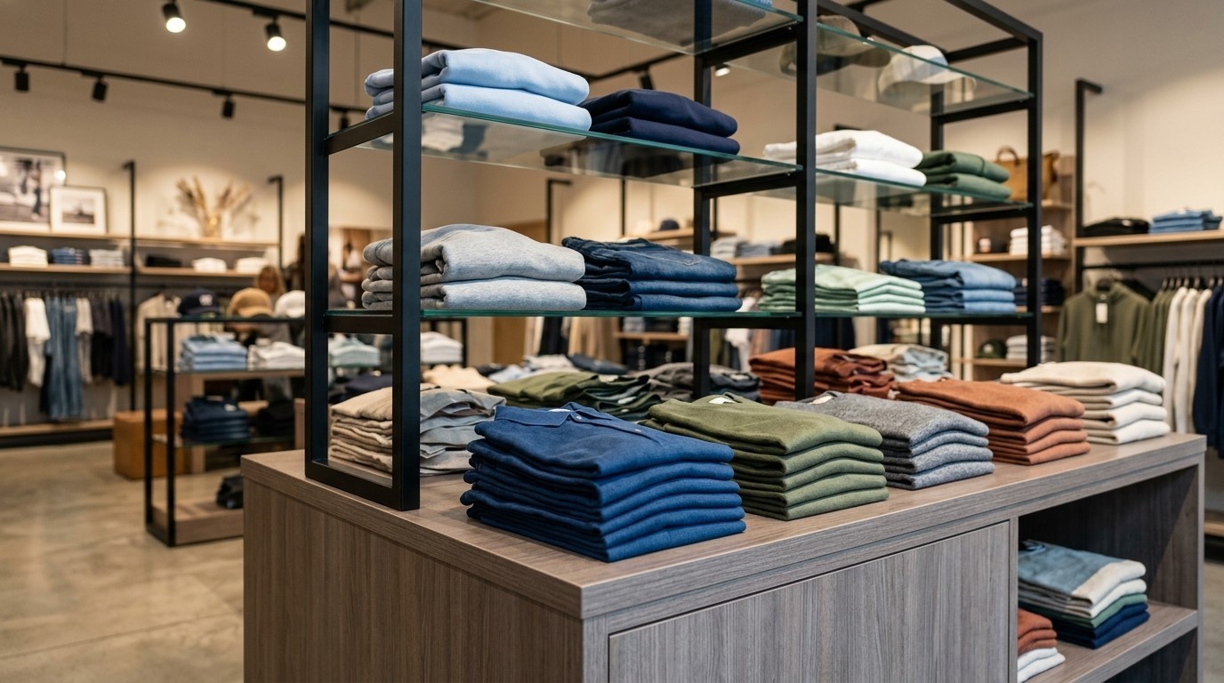 Folded sweaters and shirts on display in a clothing store