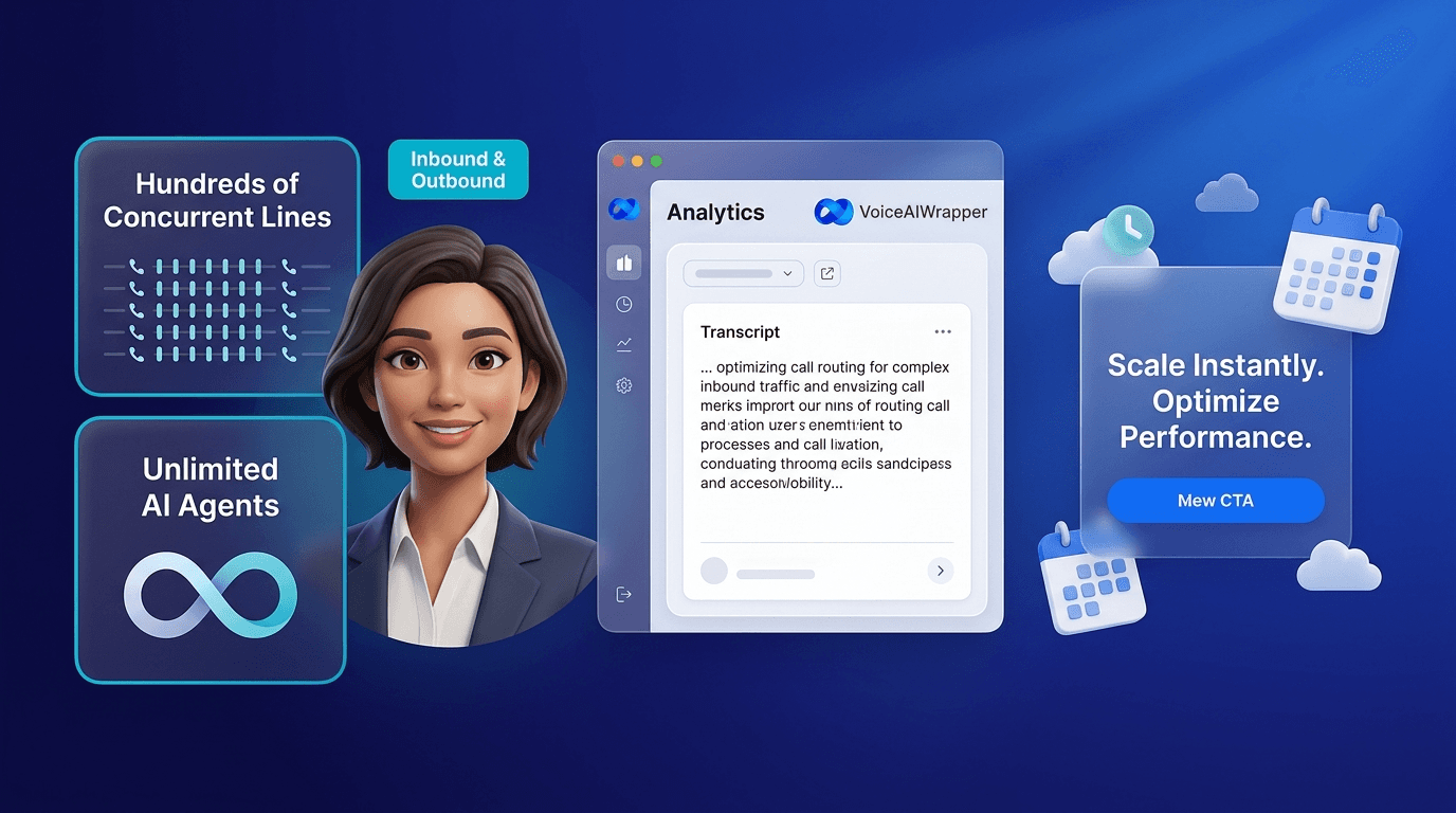 Voice AI platform with hundreds of concurrent lines, unlimited AI agents, inbound and outbound calling, and analytics transcript view | VoiceAIWrapper.