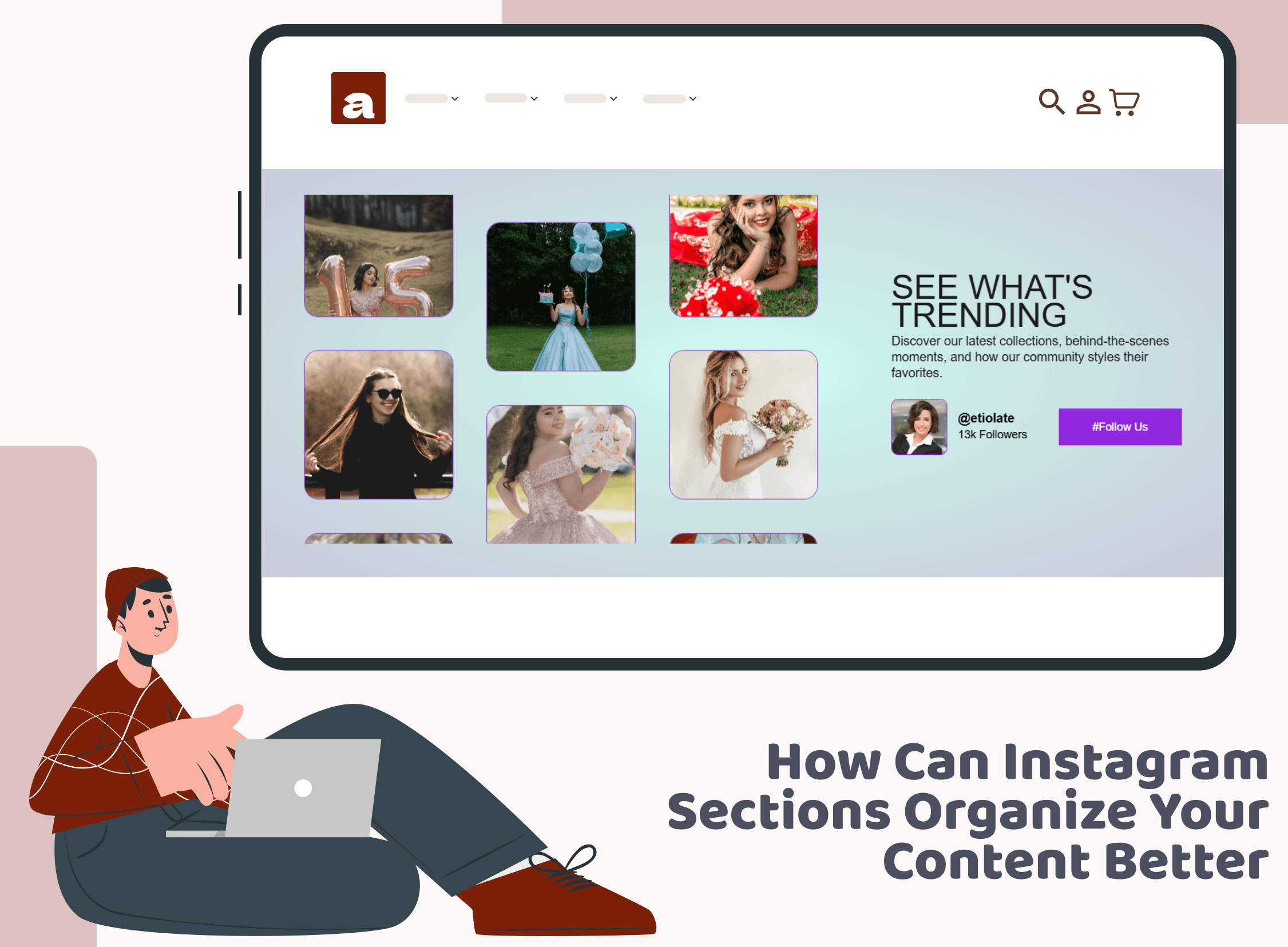 Illustration showing a person sitting with a laptop beside a displaying an Instagram-style feed