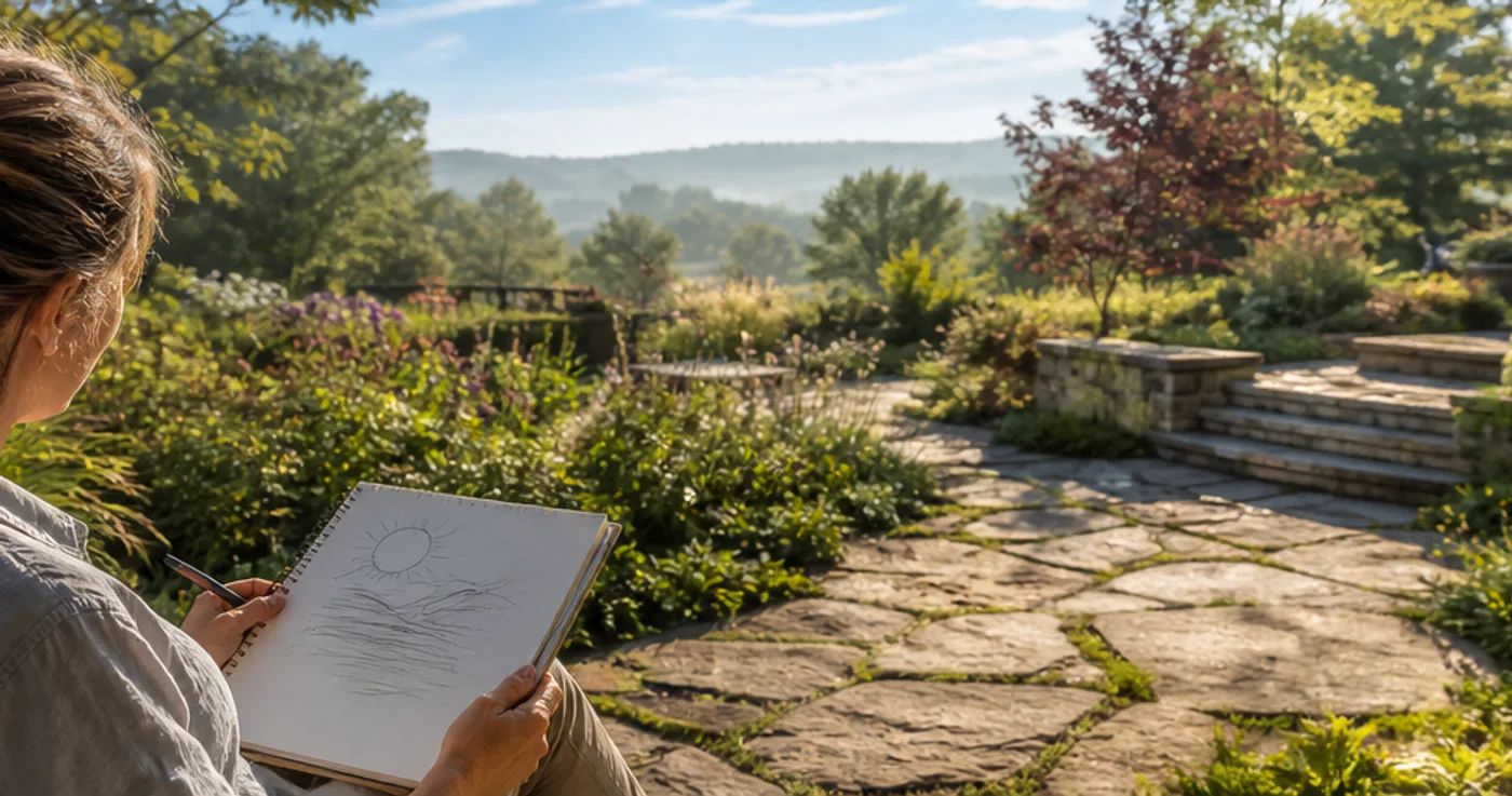 Landscape designer recording sun patterns in a bright garden