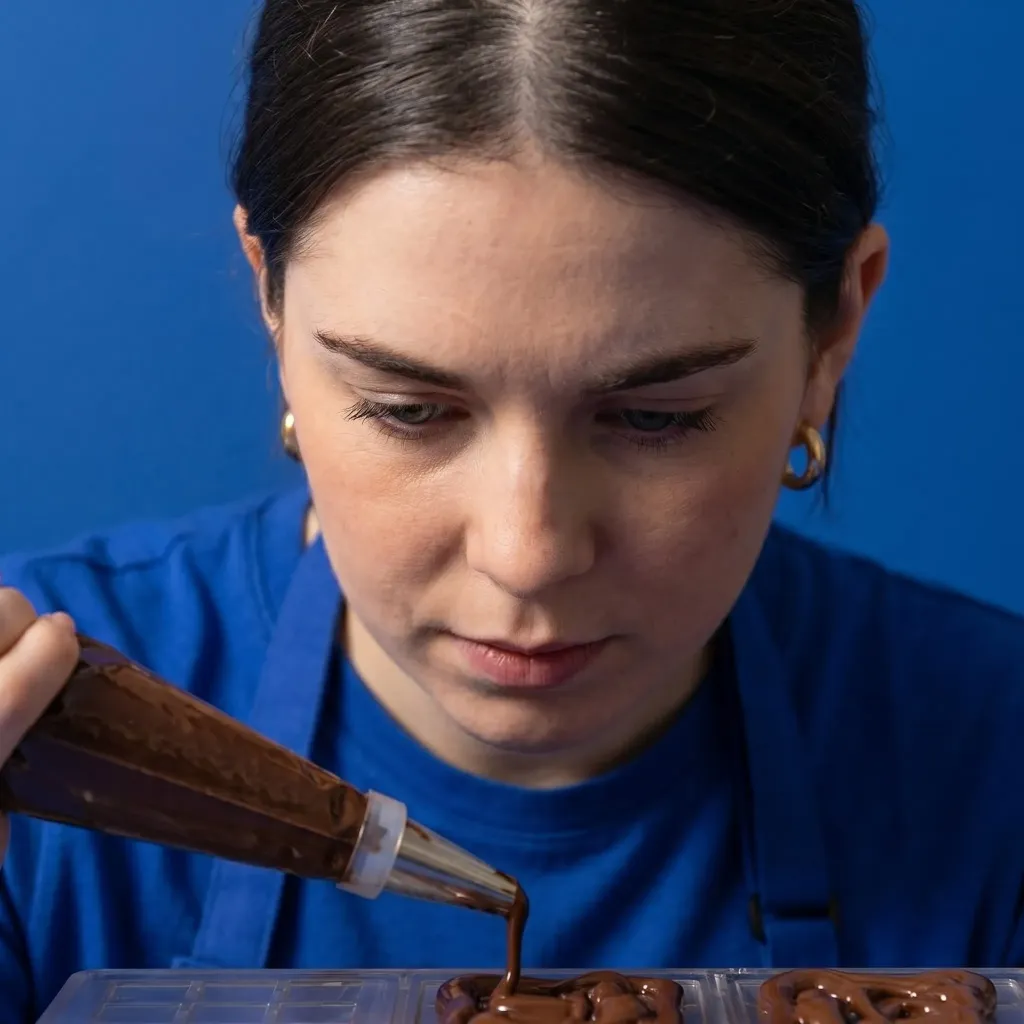 Detail shot of a chef applying chocolate garnish, highlighting precision and artisanal quality. By a branding expert.