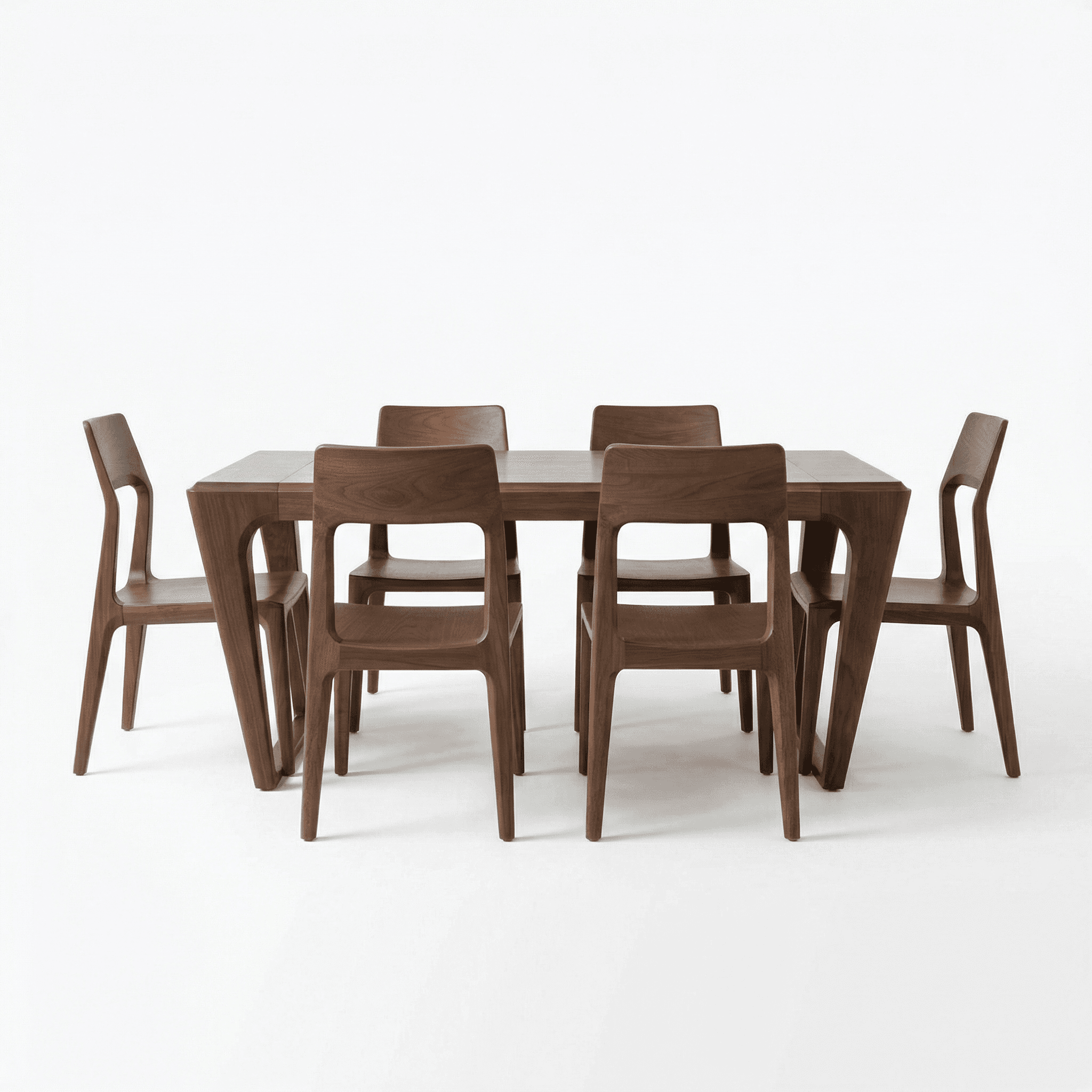 Modern classic wooden dining table with squared proportions and gently curved wooden chairs