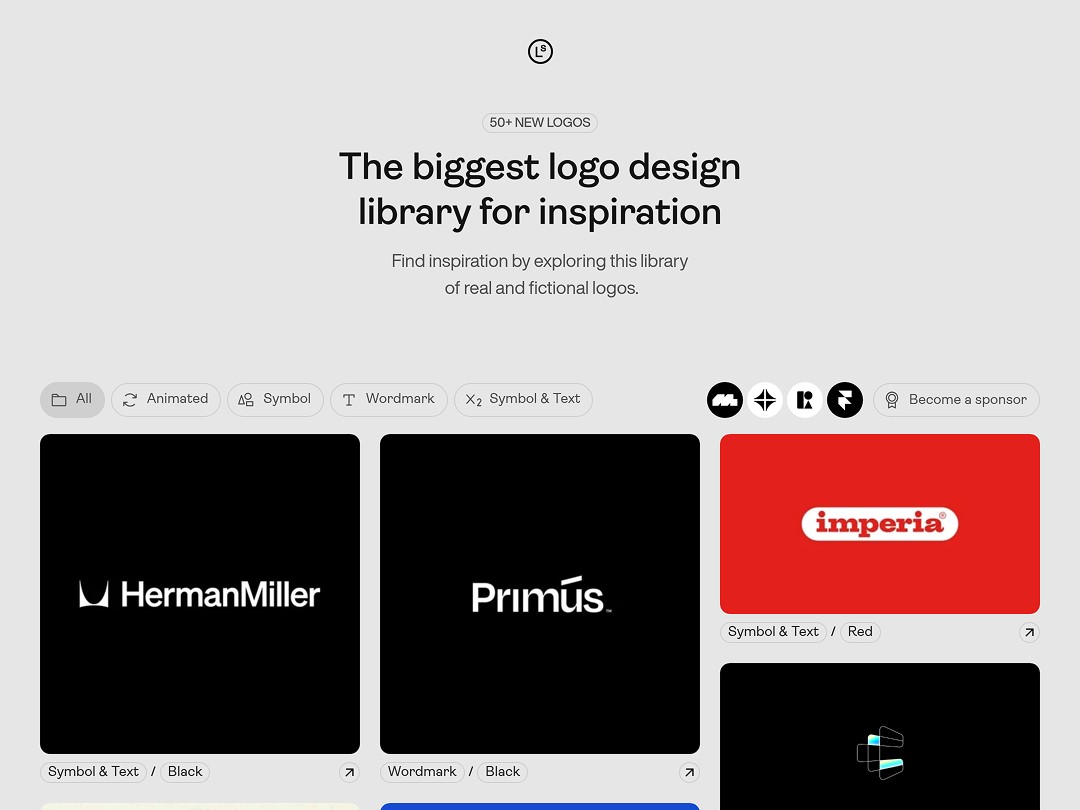 Logo design library interface showcasing various brand logos and styles.