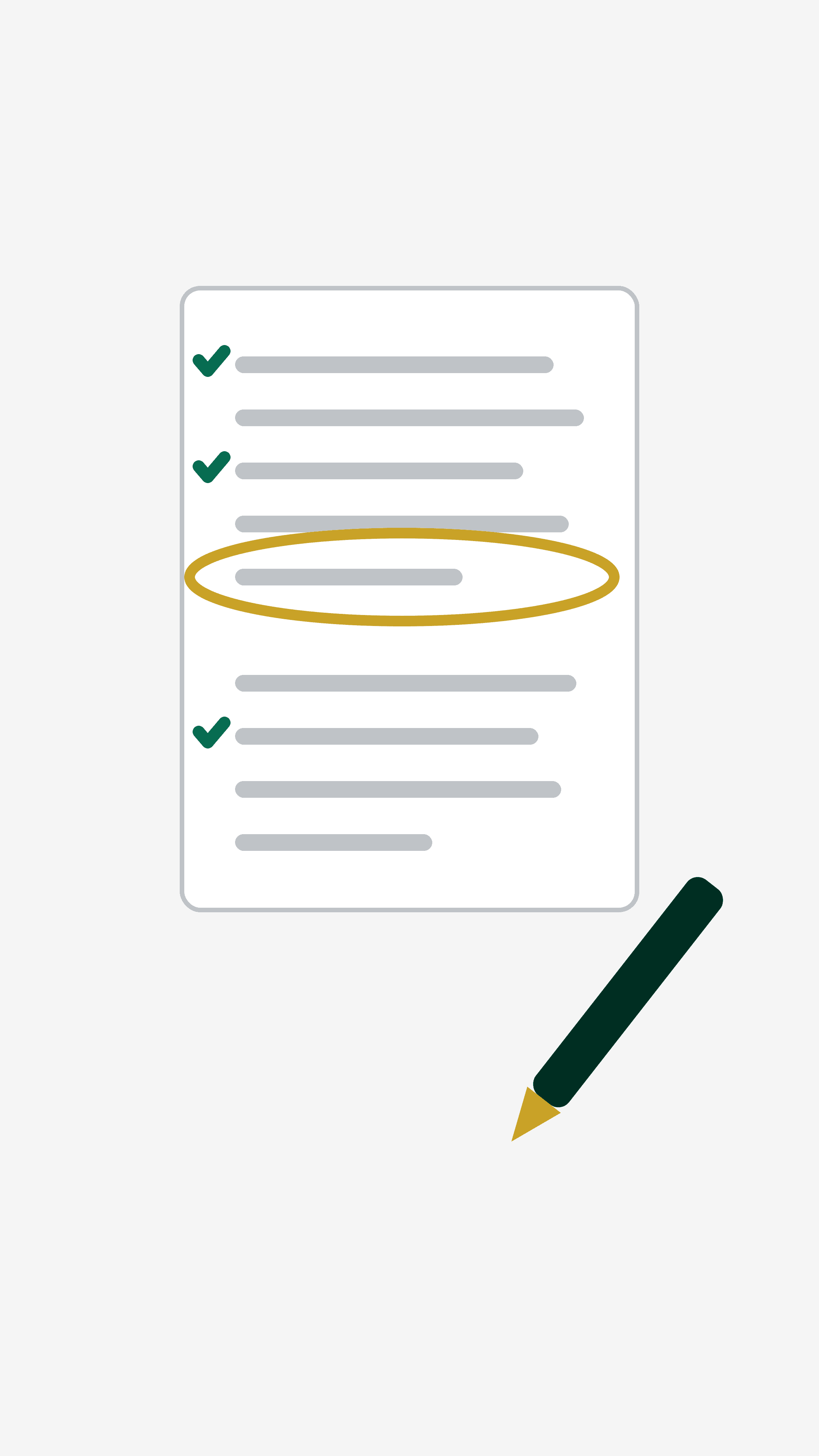 A reviewed document with green check marks, one flaw circled in gold, and a dark green pen beside it, representing careful review of AI work
