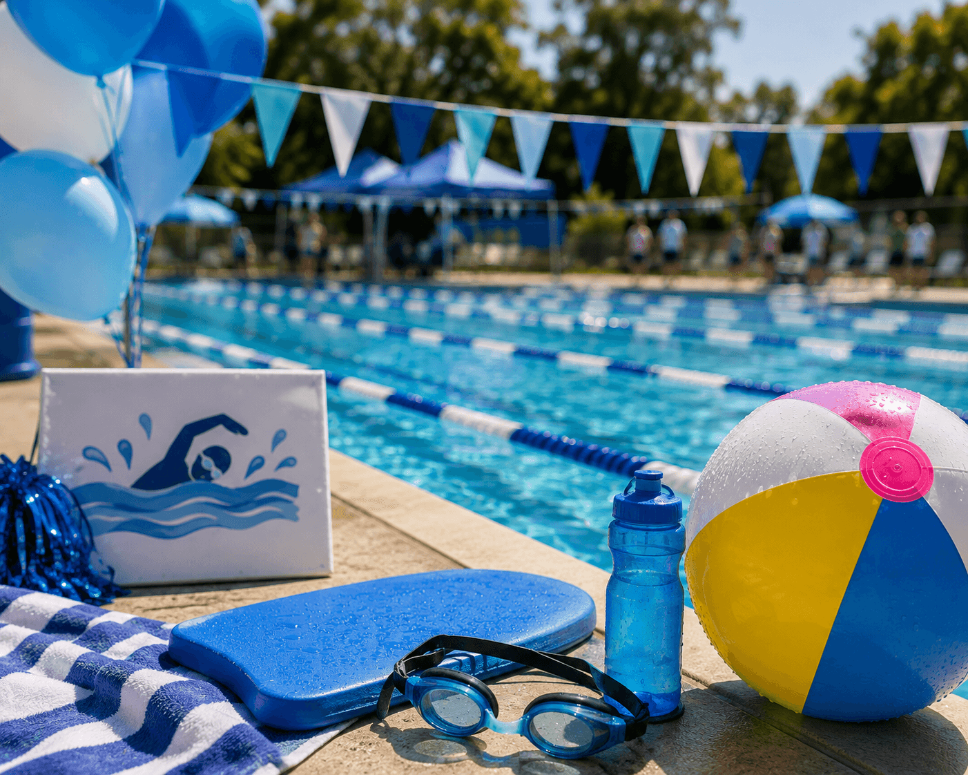 Swimming pool set up for a fundraising event with goggles, swimming equipment and colourful decorations.