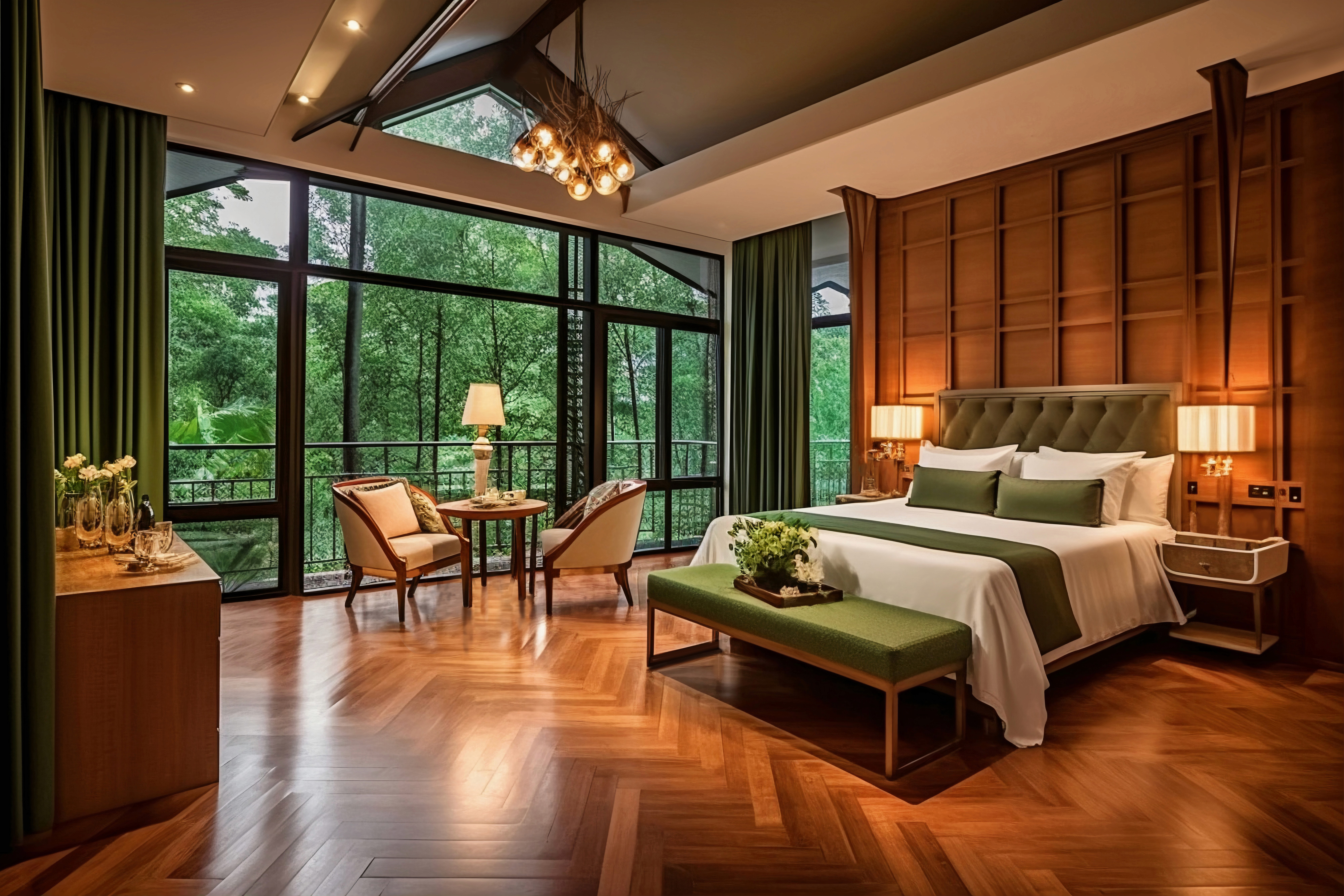 Luxurious bedroom with wooden floors, large windows, and forest views. Features a king-size bed, green accents, cozy seating area, and warm lighting.