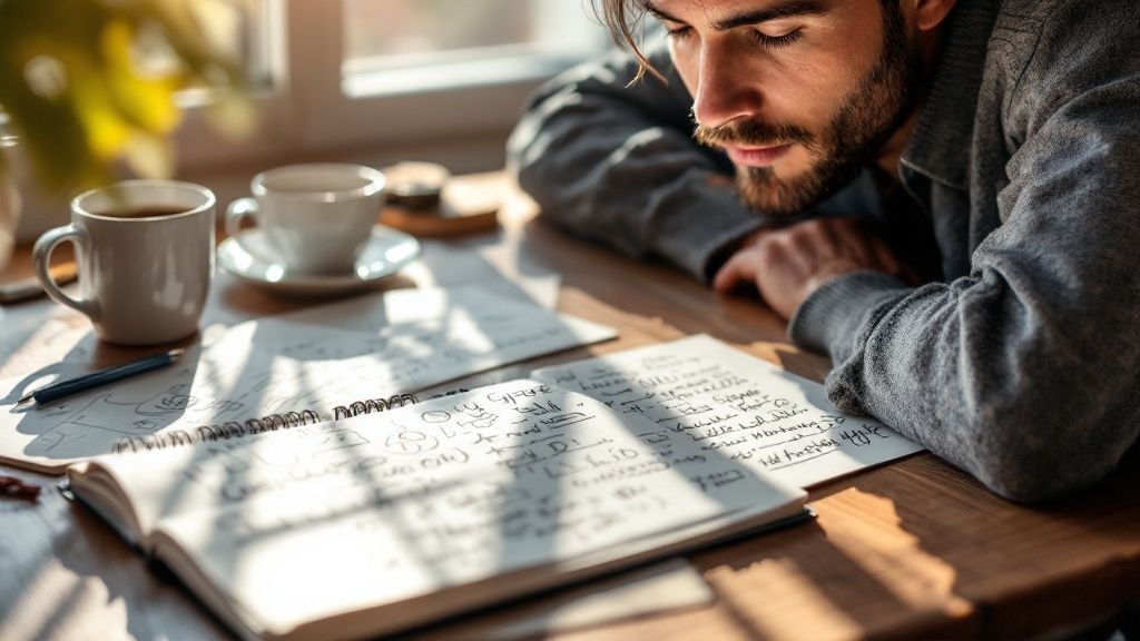 A person writing lyrics in a notebook with a focused expression.