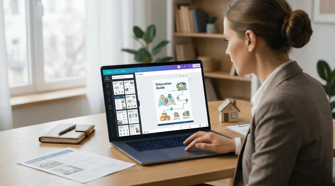 Real estate agent designing a downloadable relocation guide on a laptop.