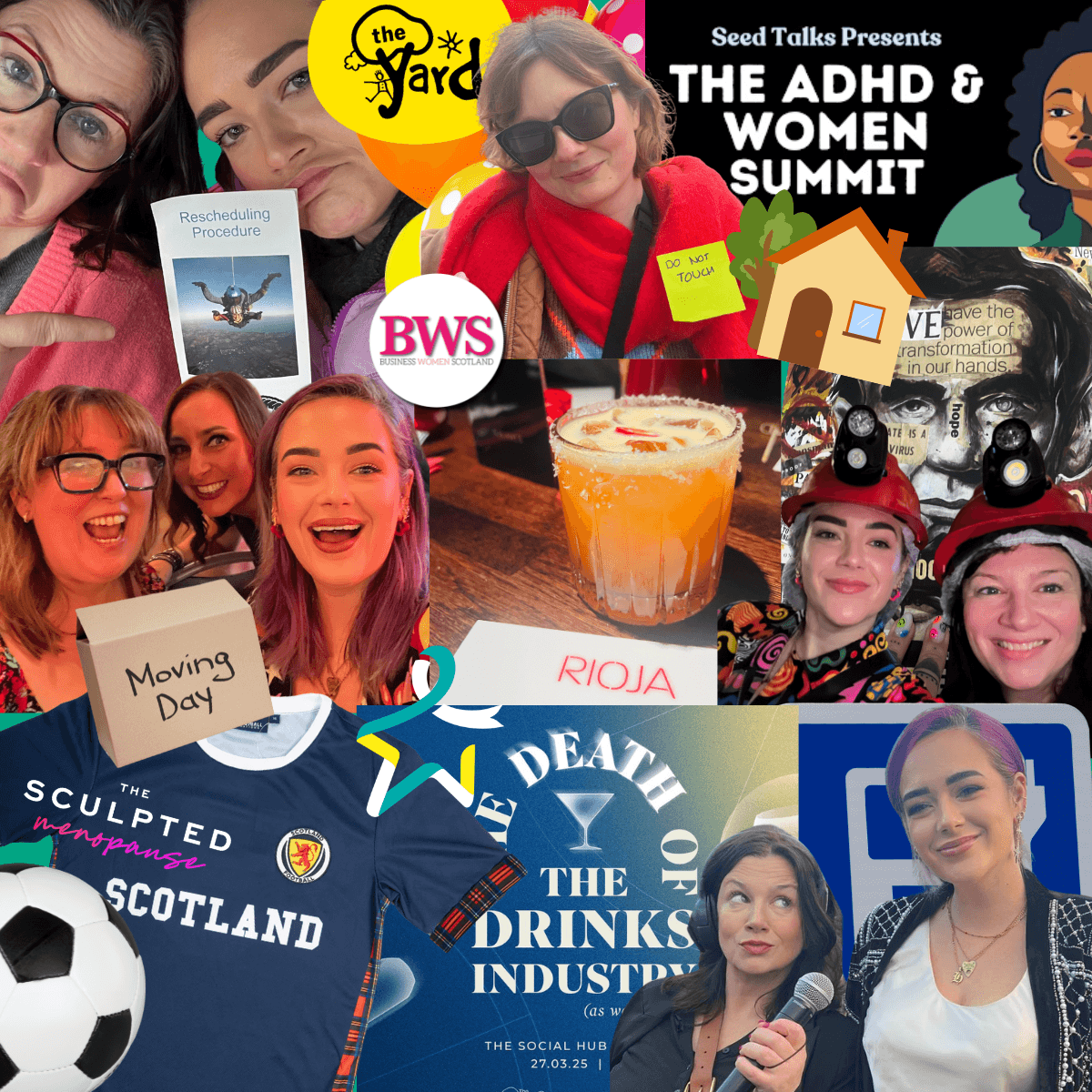 A collage of photographs taken over the course of 2025 of dot + del projects and people.