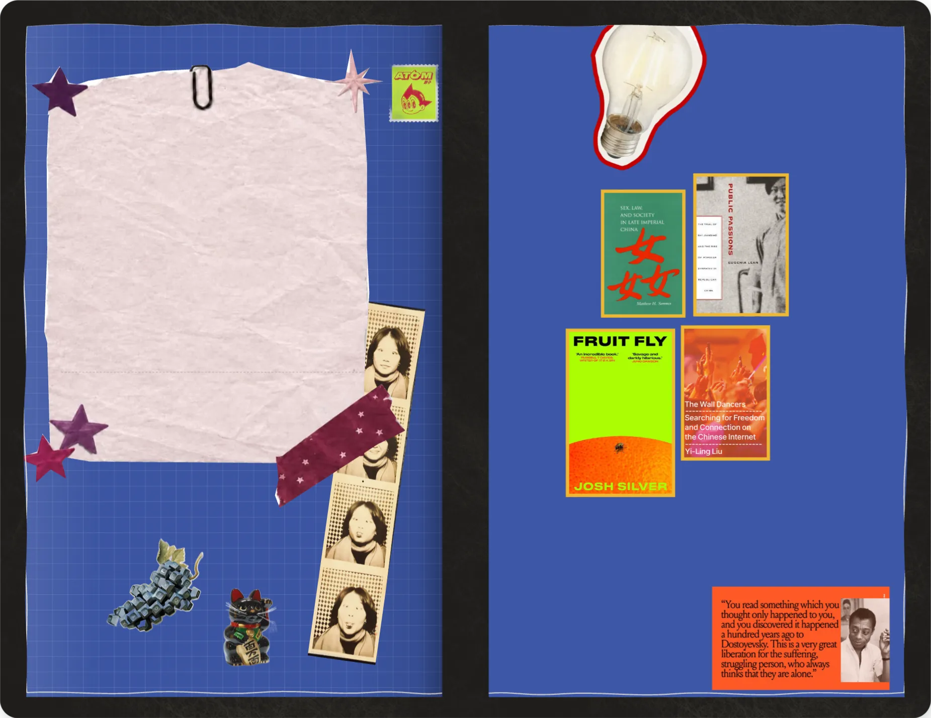 Jules’s open binder: stickers, a photo-booth strip and a torn pink note on the left page; under the turning page, book covers, a light-bulb sticker and a James Baldwin quote card
