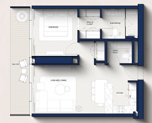 Layout of the 1-Bedroom Hilton Residences, showing an open living area, private balcony, and ensuite master bedroom.