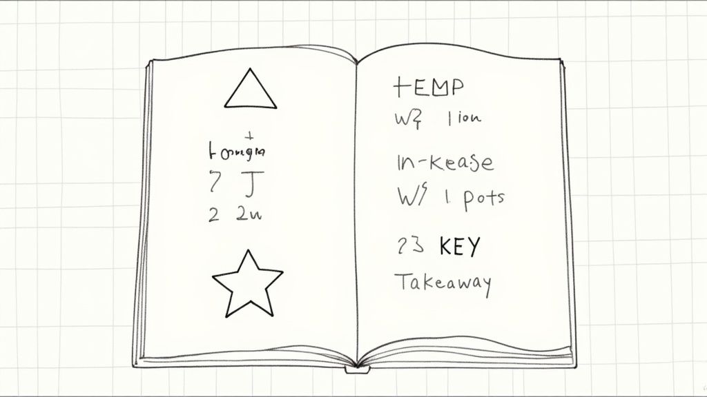A person's hands writing symbols and abbreviations in a notebook to take notes faster.