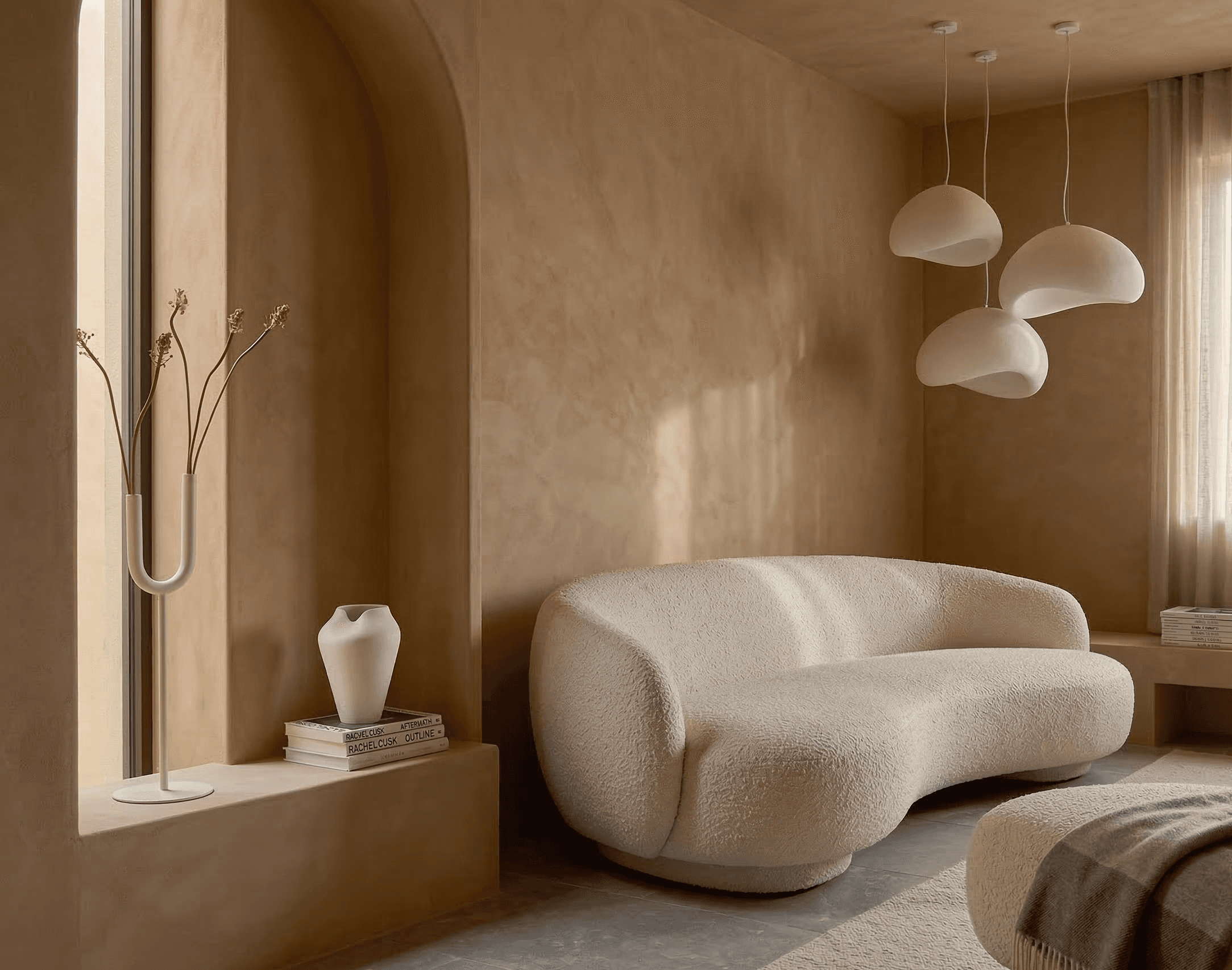 Warm-toned restaurant lounge with sculptural wooden ceiling panels, pendant lighting, caramel leather seating, and abstract wall art.