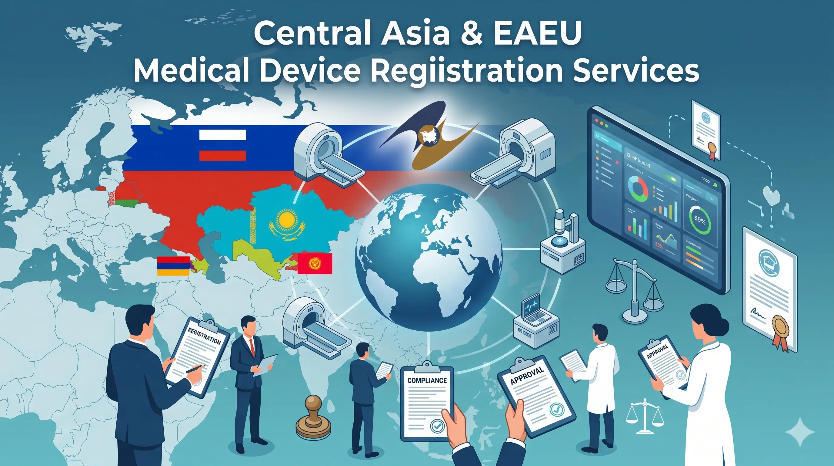 Illustration showing experts managing EAEU medical device registration and compliance documents.