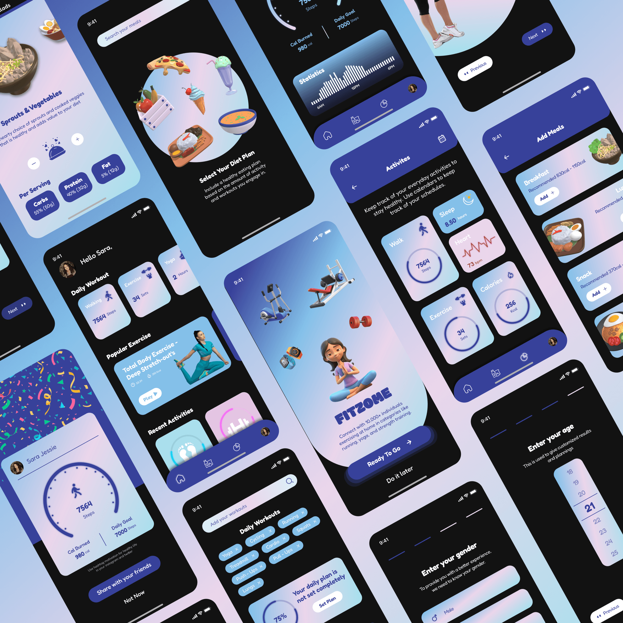 High-fidelity Fitzome app interface displaying personalized fitness tracking dashboard with vibrant health stats and interactive workout options