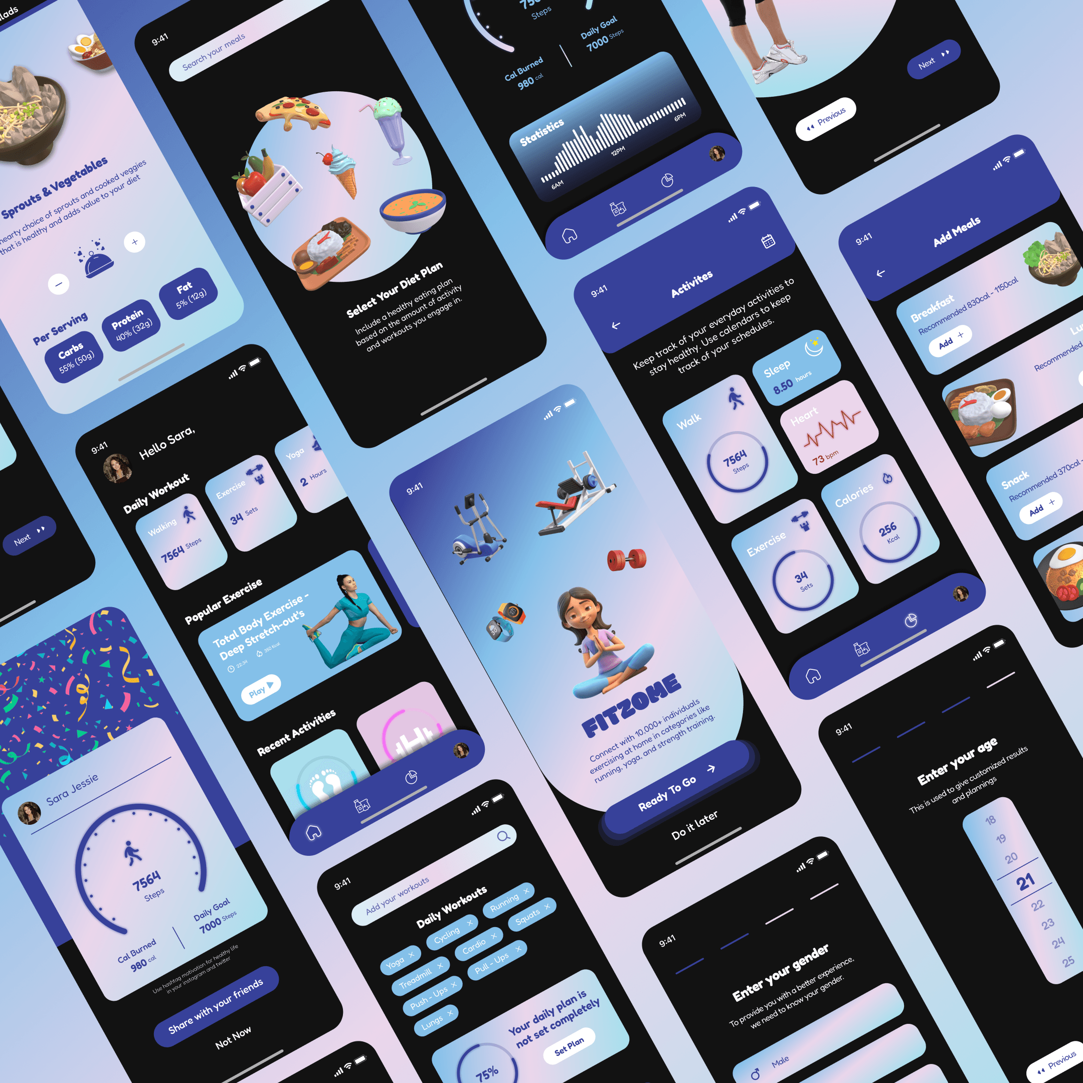 High-fidelity Fitzome app interface displaying personalized fitness tracking dashboard with vibrant health stats and interactive workout options