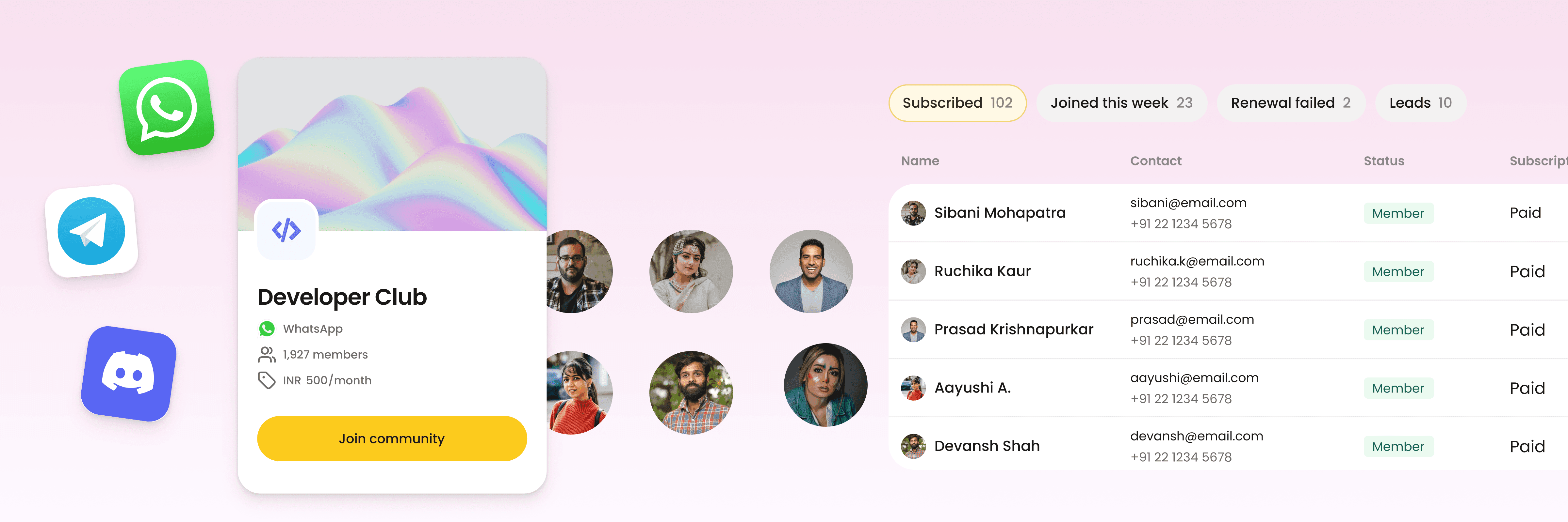 Screenshot of a messenger app showing a list of members of the Developer Club. There are 1927 members in total, and the alt-text lists the name, contact information, status, and subscription status of each member.