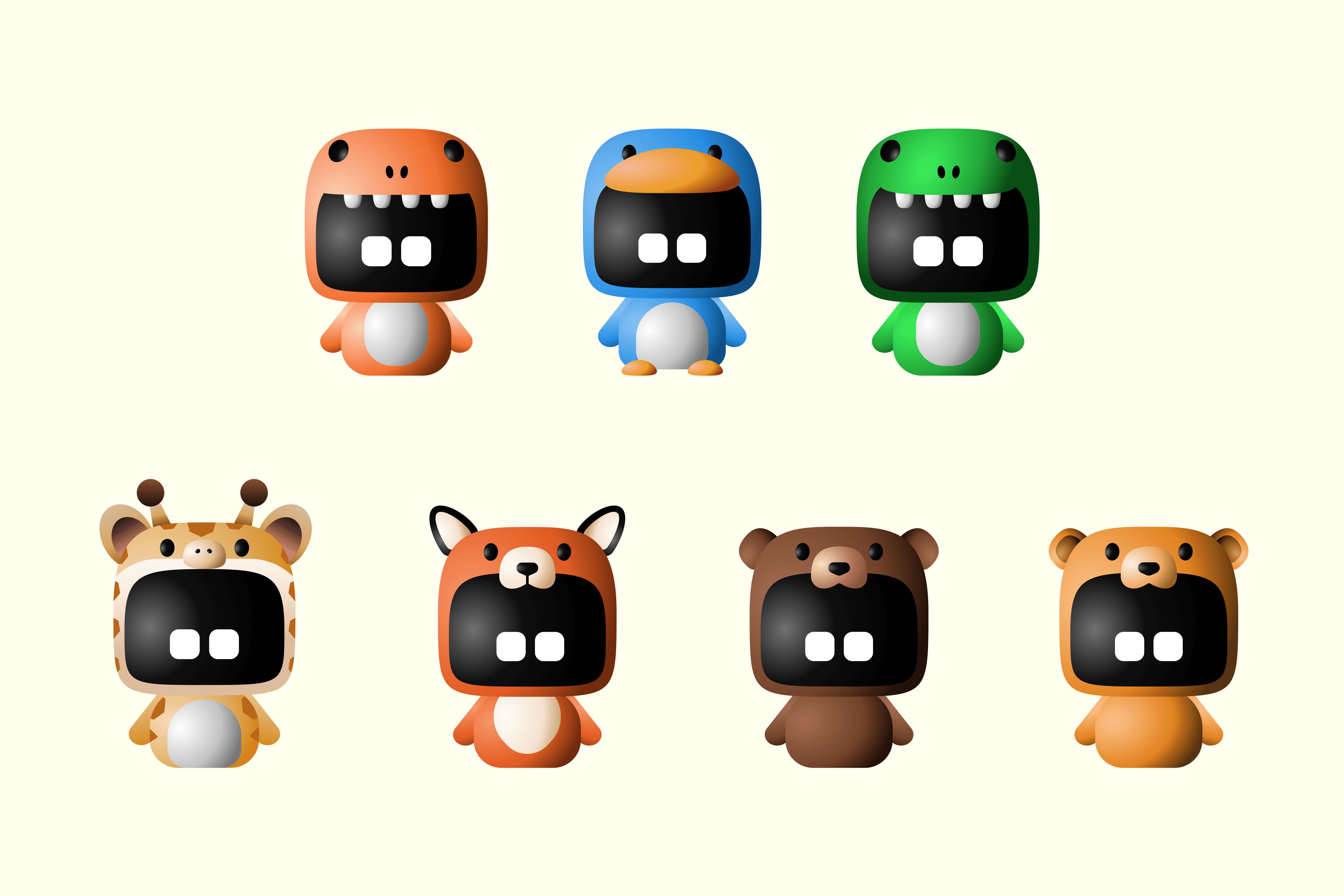 Early animal costume mockups explored while narrowing down oscar's five final characters, including dinosaur, penguin, and frog variants alongside giraffe, red panda, bear, and tiger-cub options