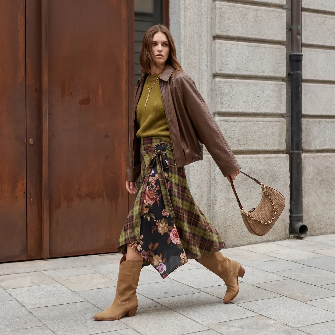 Modella che cammina in città con giacca in pelle, gonna tartan e stivali in suede