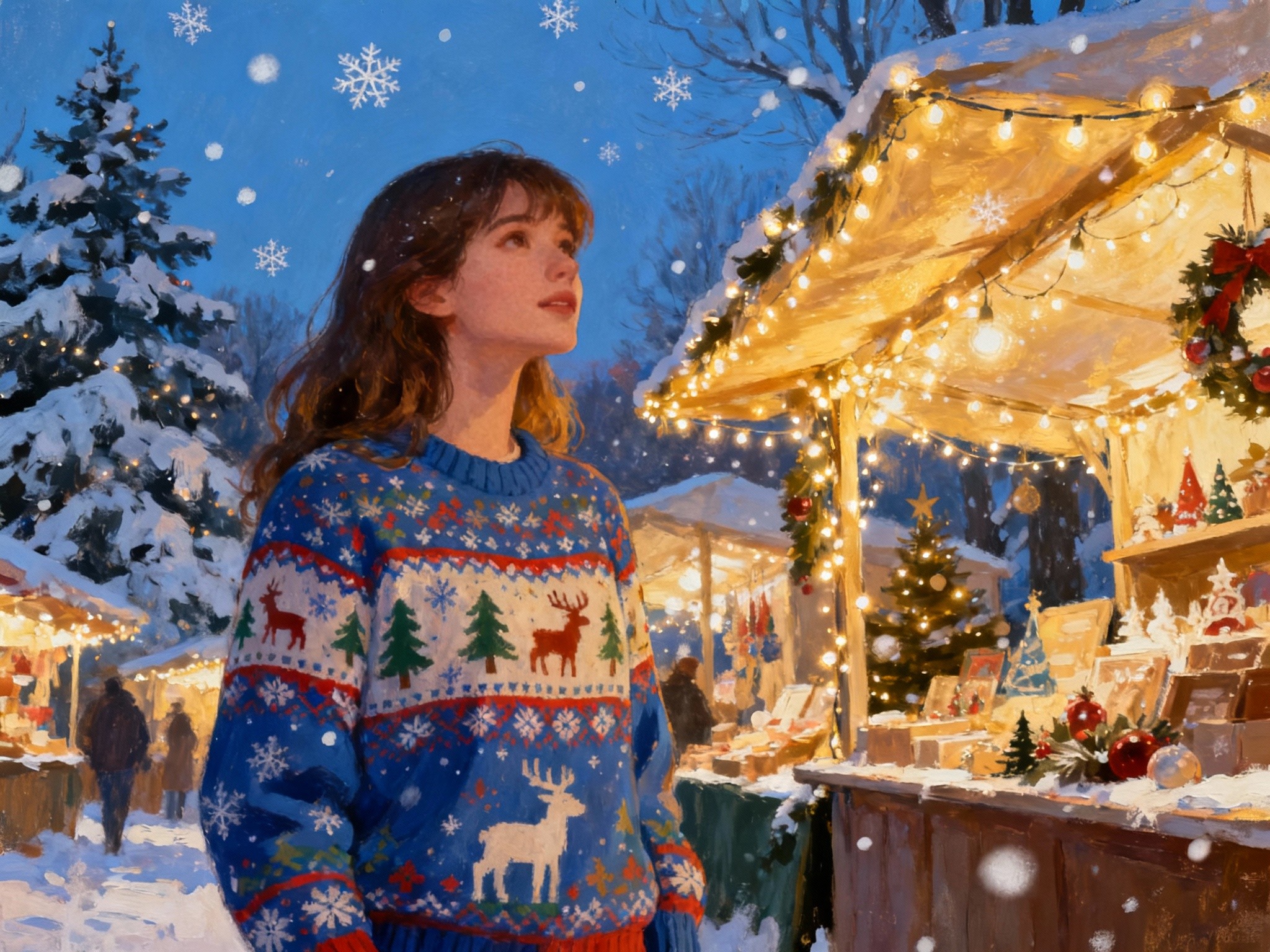 An outdoor winter market at dusk, showcasing a young woman in a vibrant Christmas sweater standing