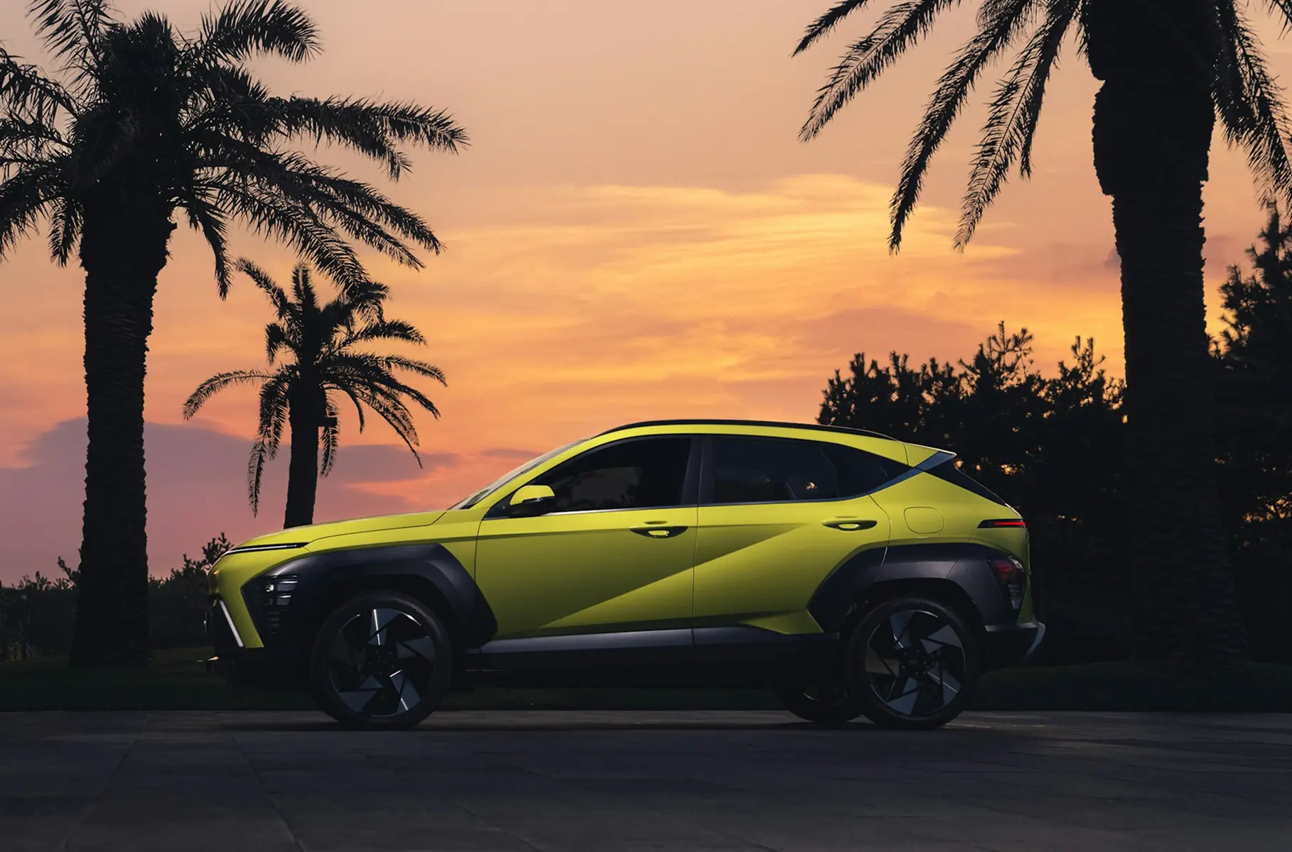 Side view of a green SUV with palm trees in the background during sunset