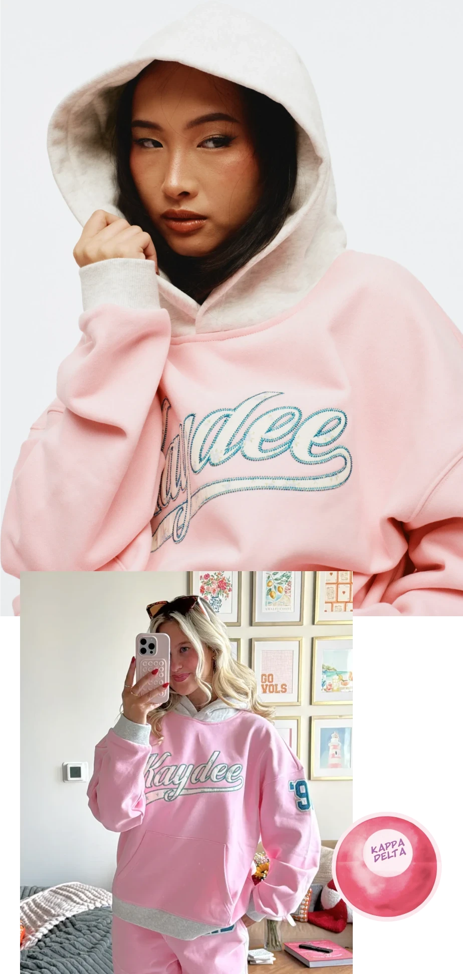 Collage: close-up studio portrait of a model wearing a pink “Kaydee” hoodie with a light gray hood; inset mirror selfie of a person wearing the same pink hoodie and matching sweatpants.