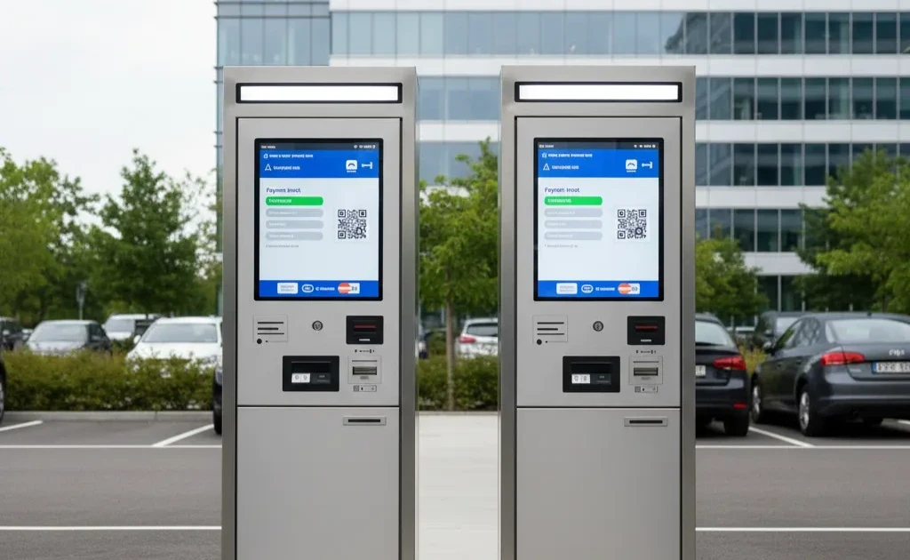 야외 주차장에 나란히 설치된 스탠드형 무인 주차 정산기 2대의 모습입니다. 넓은 터치스크린 화면과 카드 결제 슬롯을 갖춘 키오스크가 배치되어 있습니다.