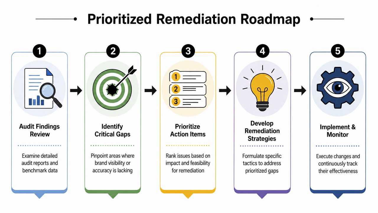 A five-step prioritized remediation roadmap process for auditing and improving brand visibility on digital platforms.