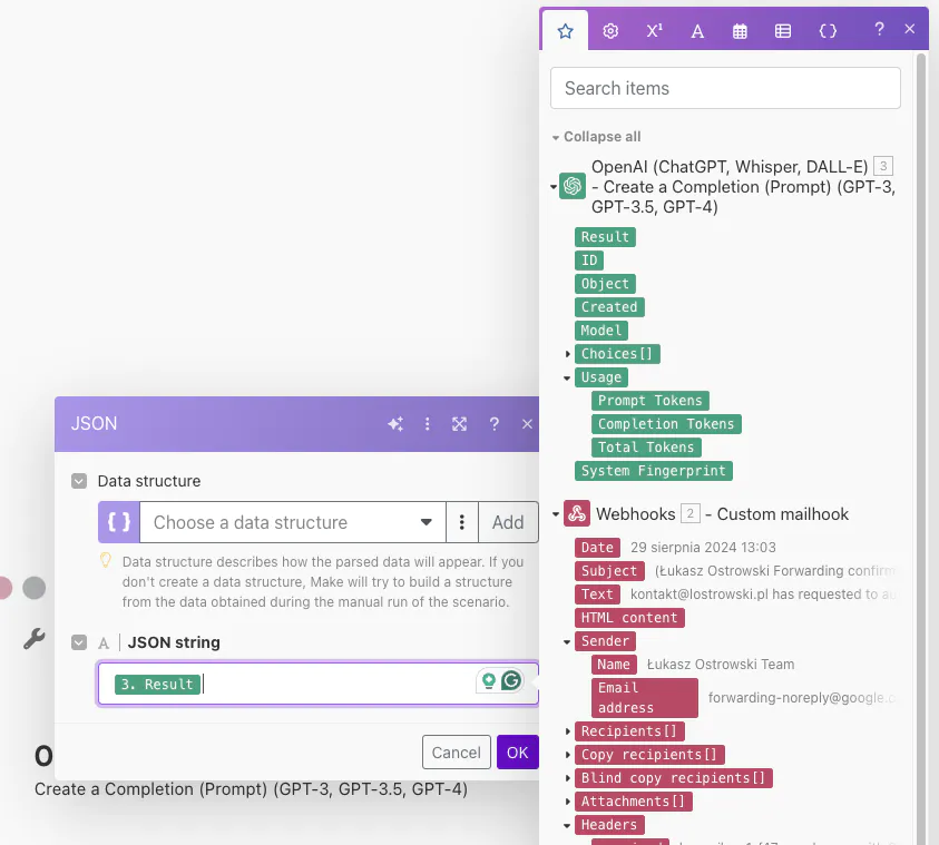 "Make.com interface showing OpenAI module output and JSON parser setup for automated Slack alerts workflow