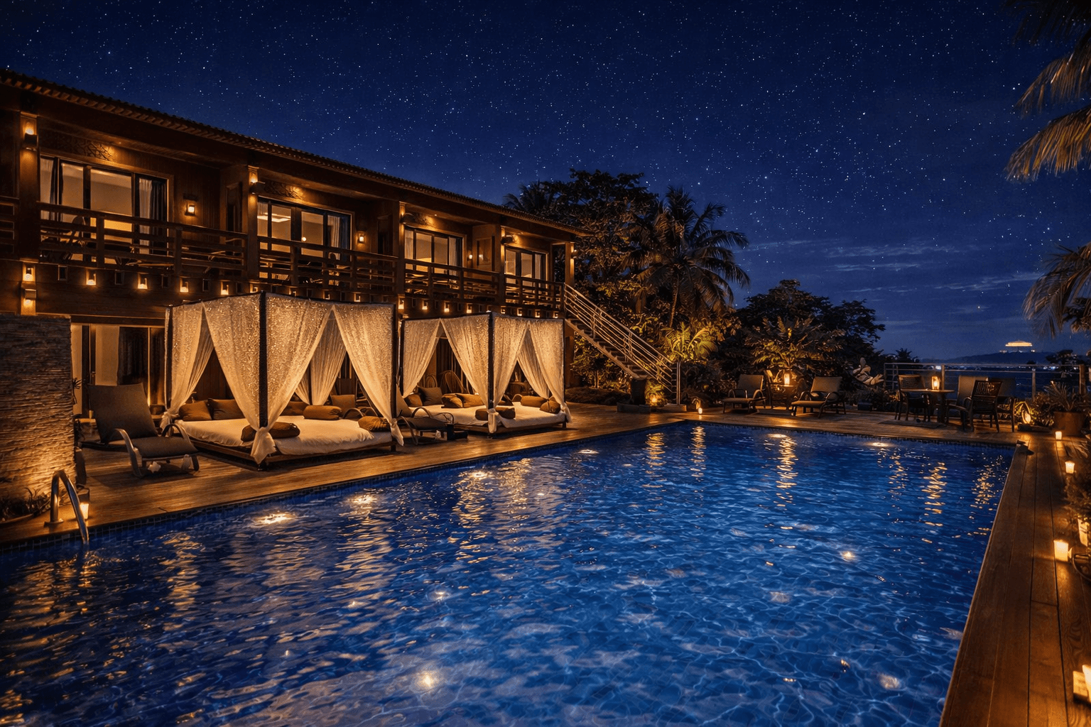 The wedding backdrop is the open sea, shimmering under late afternoon light