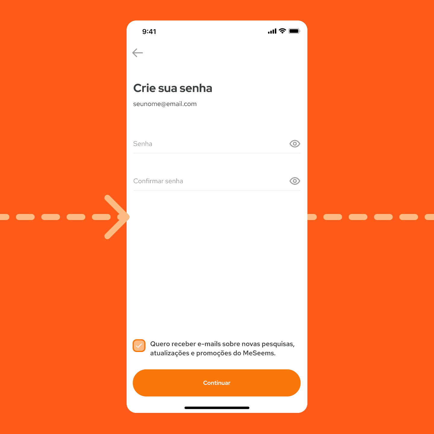 Tela de cadastro de senha, mostrando campos para criar e confirmar senha.
