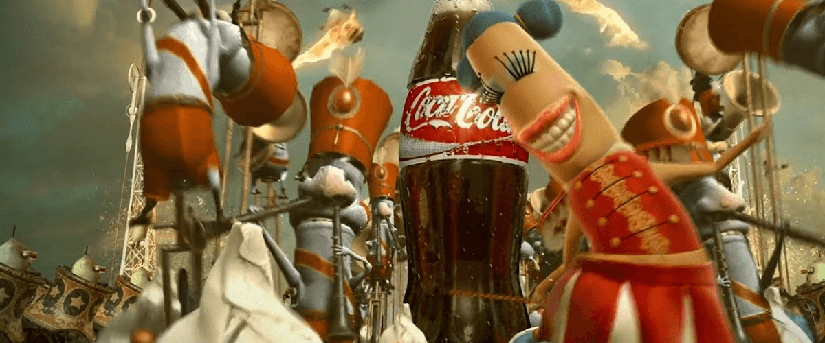 An animated Coca-Cola bottle with cartoon characters in a marching band, representing the importance of hiring a professional animated video company for a project.
