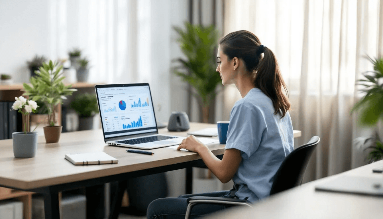 The image shows a content creator focused on analyzing performance data and metrics displayed on their laptop screen, reflecting their efforts in creating high quality content for social media platforms. The creator appears engaged in research to understand audience behavior and trends, aiming to enhance their viral video campaigns and discover new audiences.