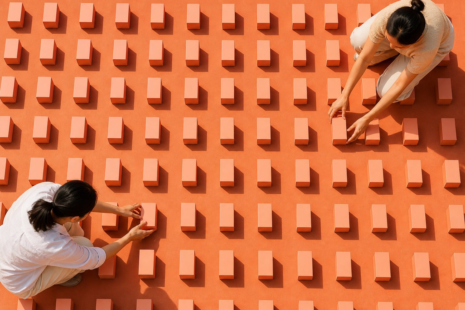 A vast overhead grid of dozens of identical coral skincare boxes, two people arranging them