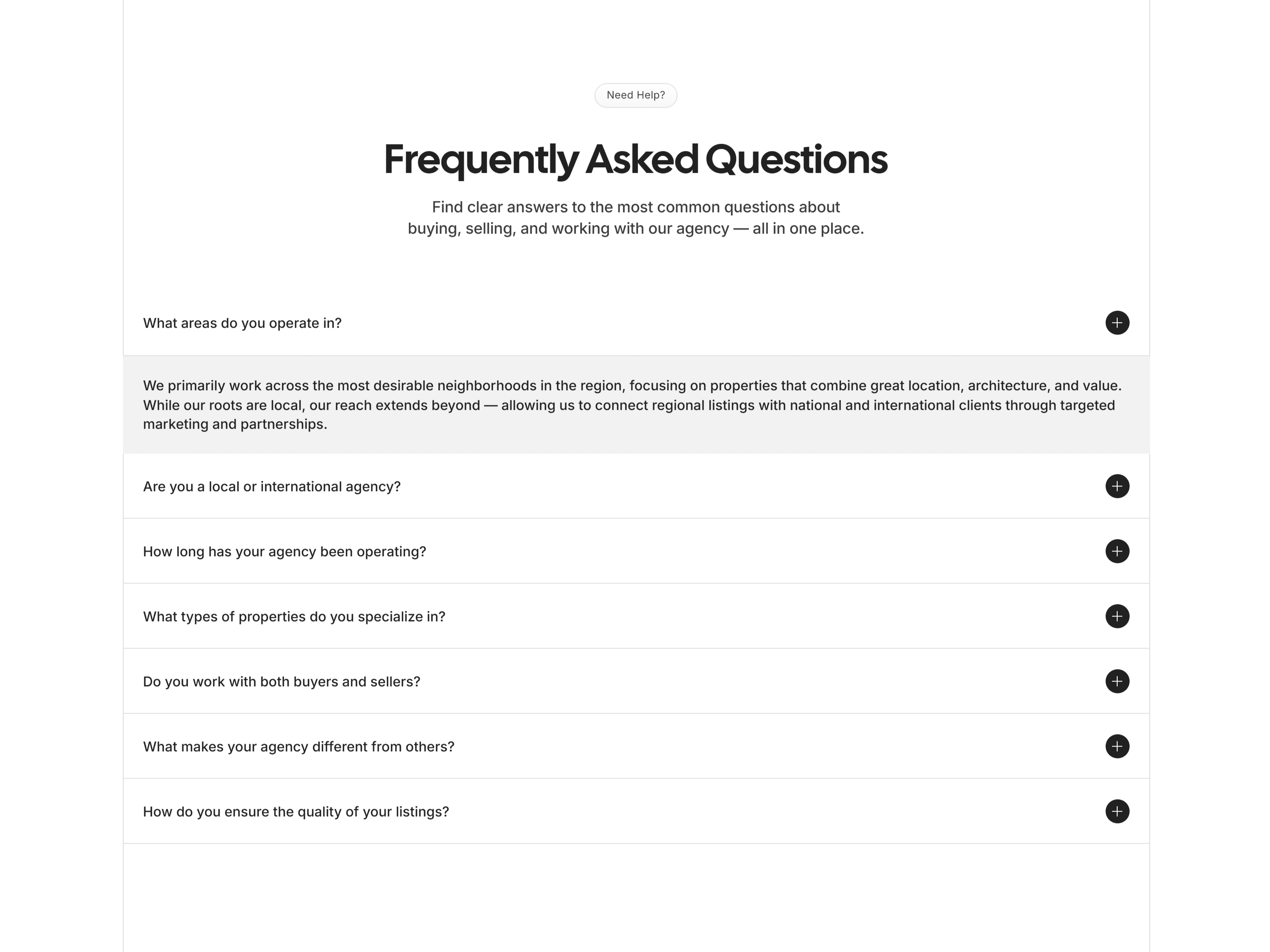 Frequently Asked Questions layout displaying expandable dropdown items in a clean, minimalist list under the heading “Frequently Asked Questions”.