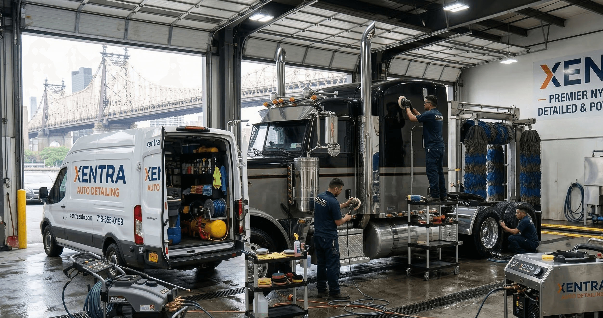 Before and after commercial truck wash removing road grime NYC